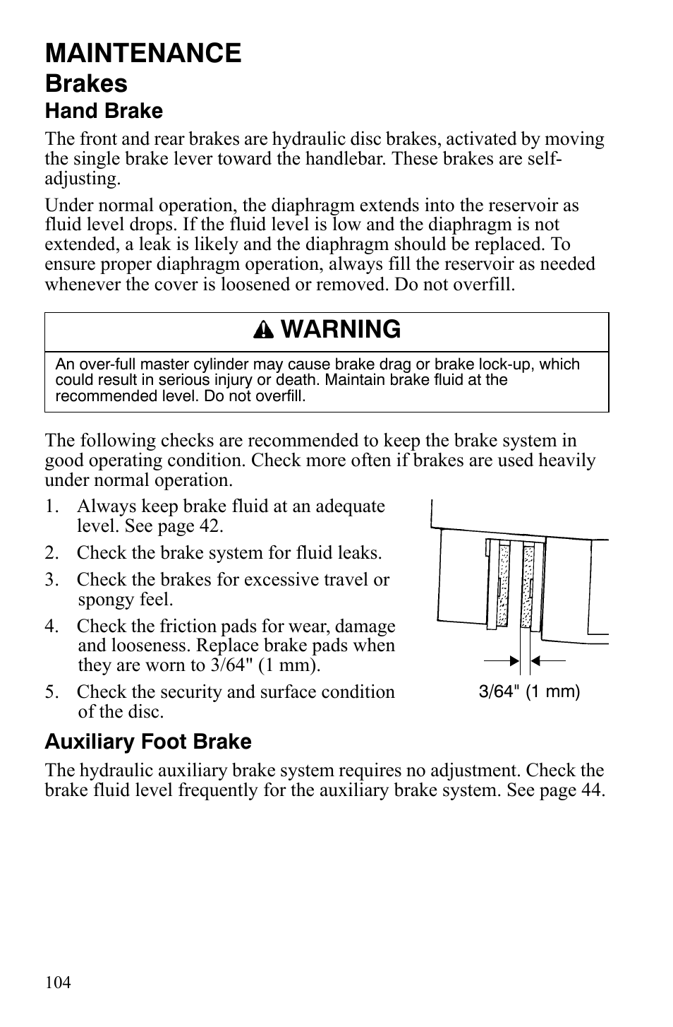Maintenance, Brakes, Warning | Polaris Sportsman 700 X2 User Manual | Page 107 / 163