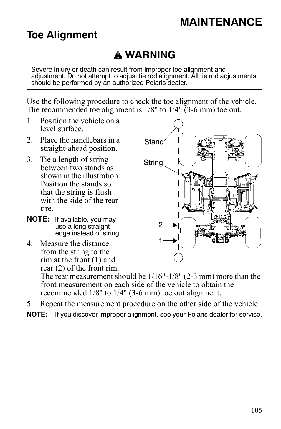 Maintenance, Toe alignment, Warning | Polaris Sportsman 700 X2 User Manual | Page 108 / 163