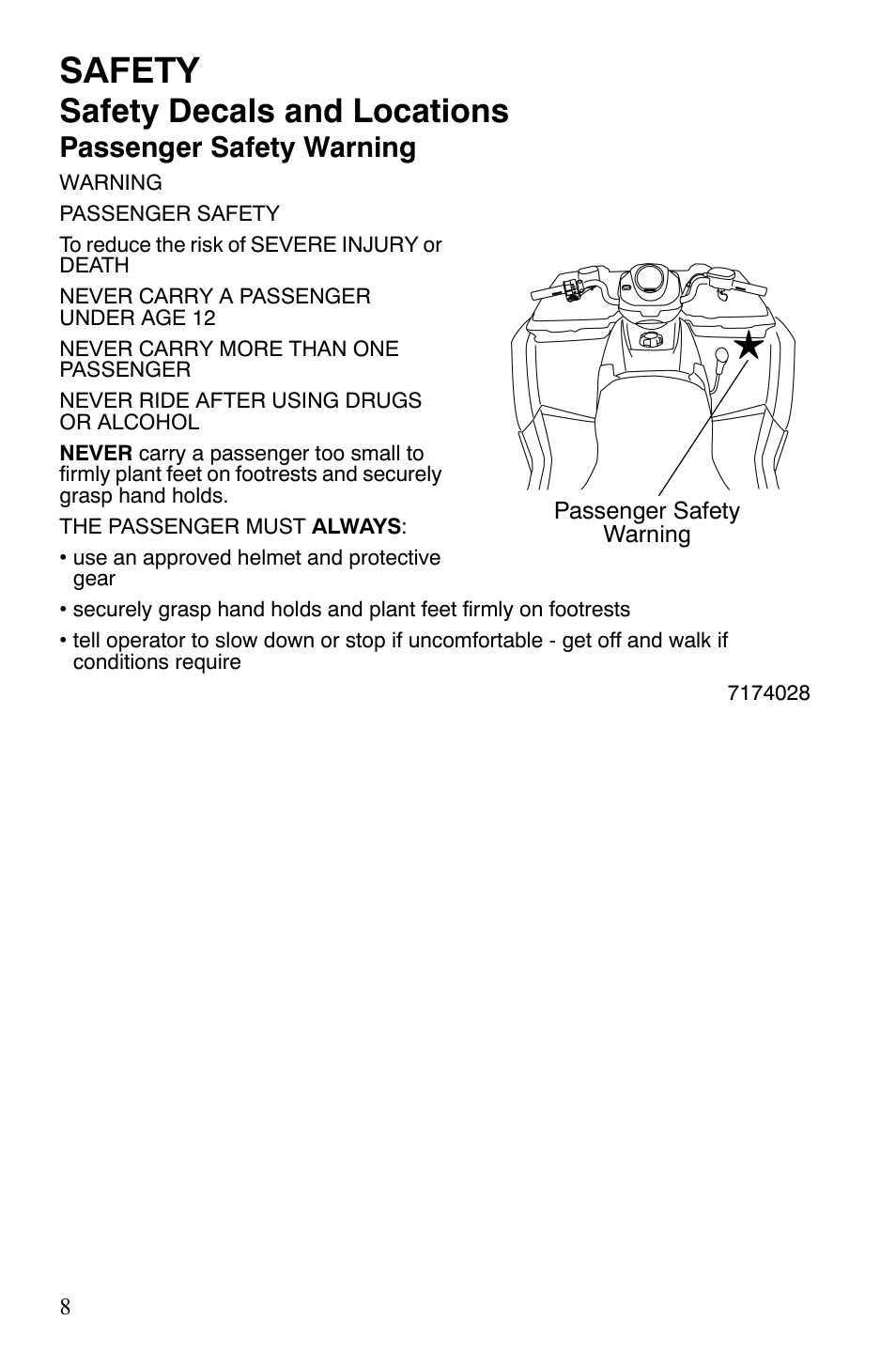 Safety, Safety decals and locations, Passenger safety warning | Polaris Sportsman 700 X2 User Manual | Page 11 / 163
