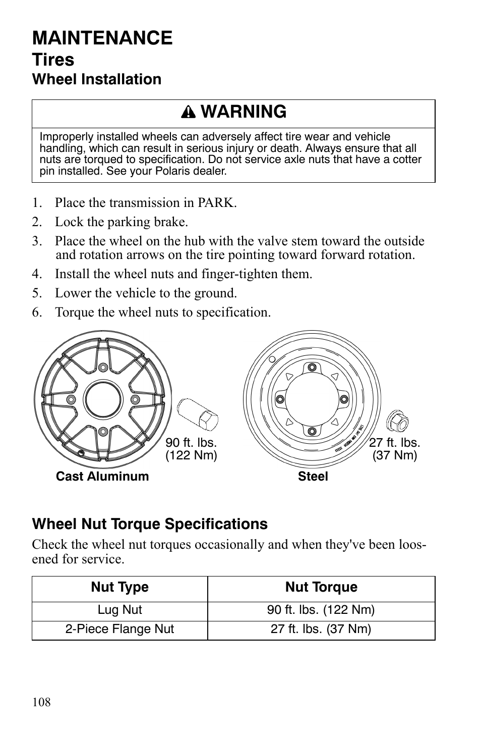 Maintenance, Tires, Warning | Polaris Sportsman 700 X2 User Manual | Page 111 / 163