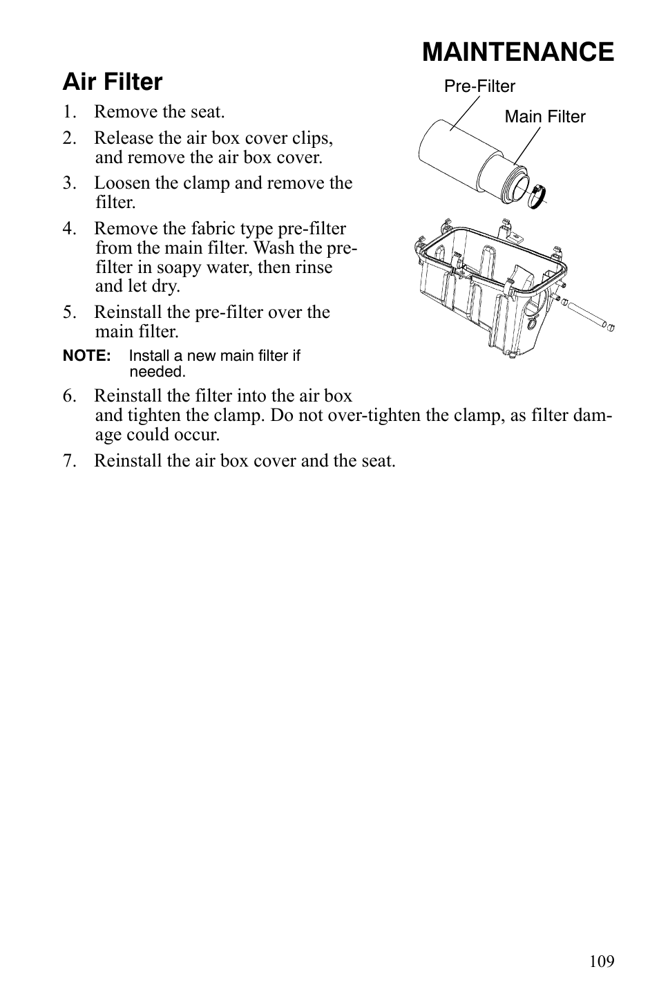 Maintenance, Air filter | Polaris Sportsman 700 X2 User Manual | Page 112 / 163