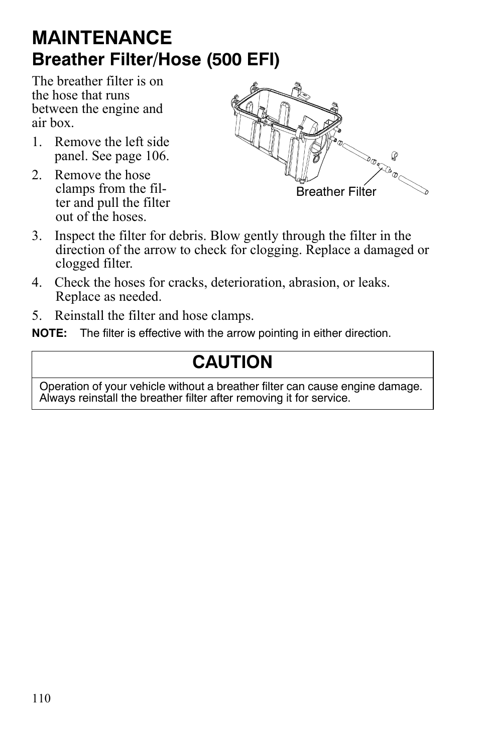 Maintenance, Breather filter/hose (500 efi), Caution | Polaris Sportsman 700 X2 User Manual | Page 113 / 163