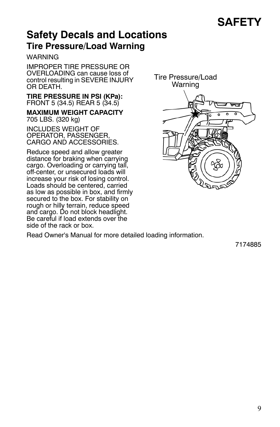Safety, Safety decals and locations, Tire pressure/load warning | Polaris Sportsman 700 X2 User Manual | Page 12 / 163