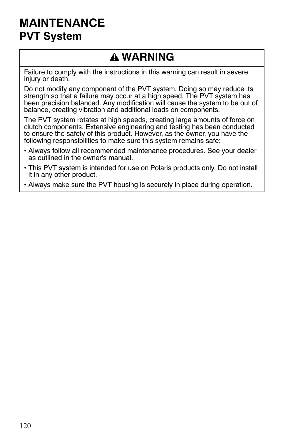 Maintenance, Pvt system warning | Polaris Sportsman 700 X2 User Manual | Page 123 / 163
