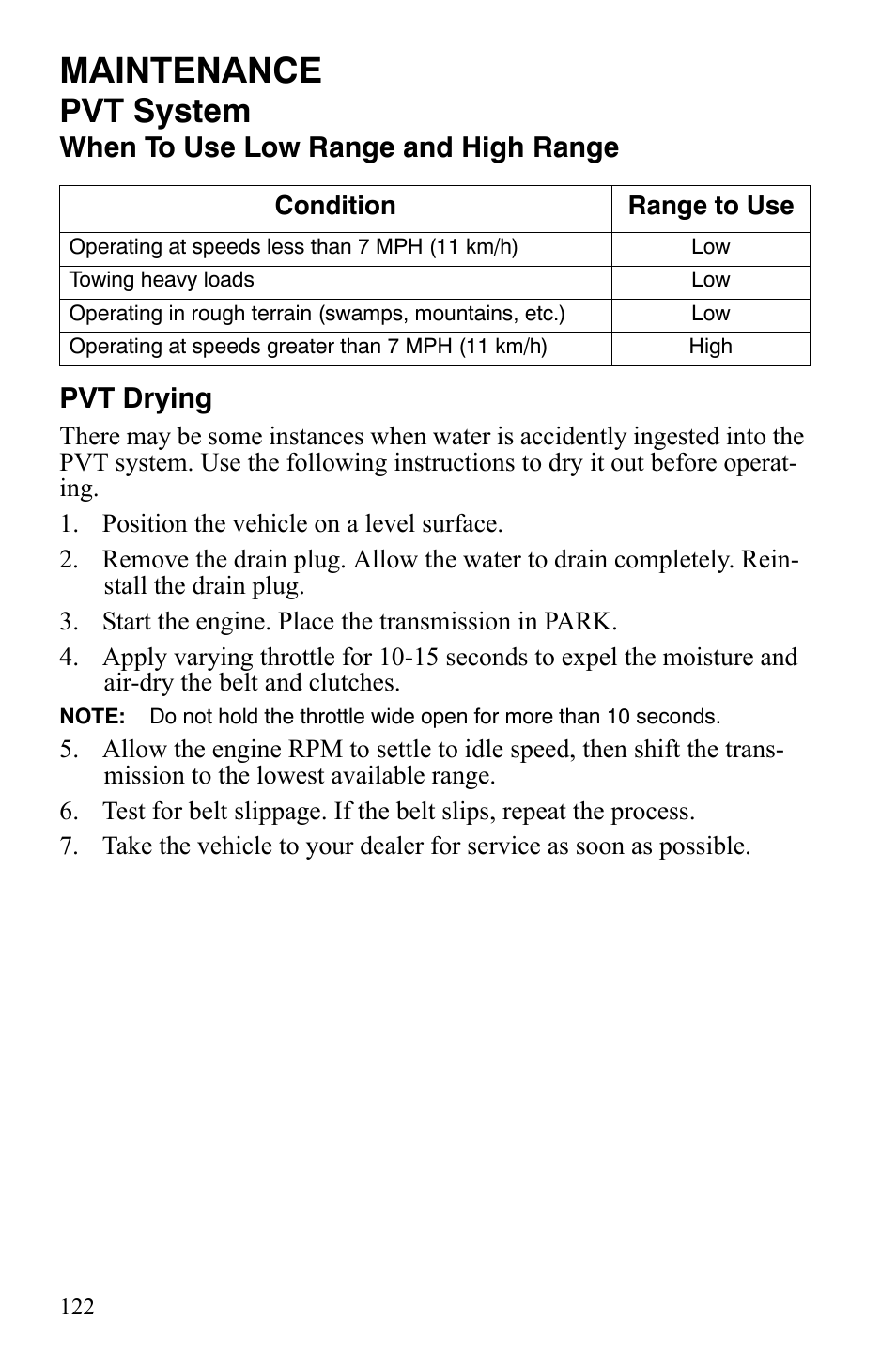 Maintenance, Pvt system, When to use low range and high range pvt drying | Polaris Sportsman 700 X2 User Manual | Page 125 / 163