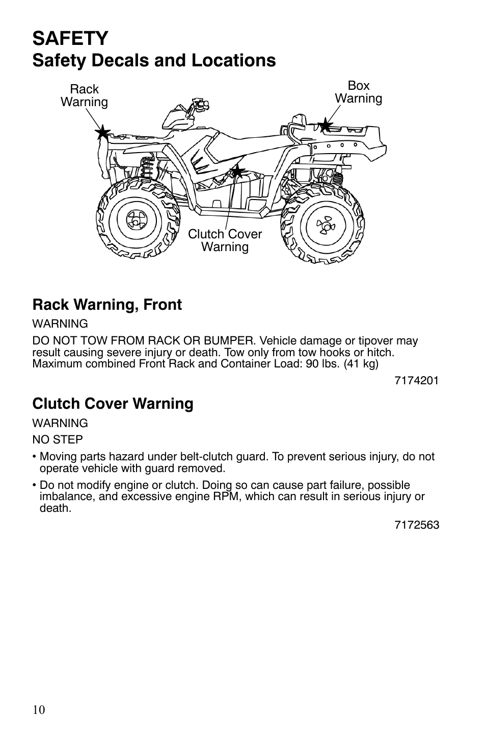 Safety, Safety decals and locations | Polaris Sportsman 700 X2 User Manual | Page 13 / 163