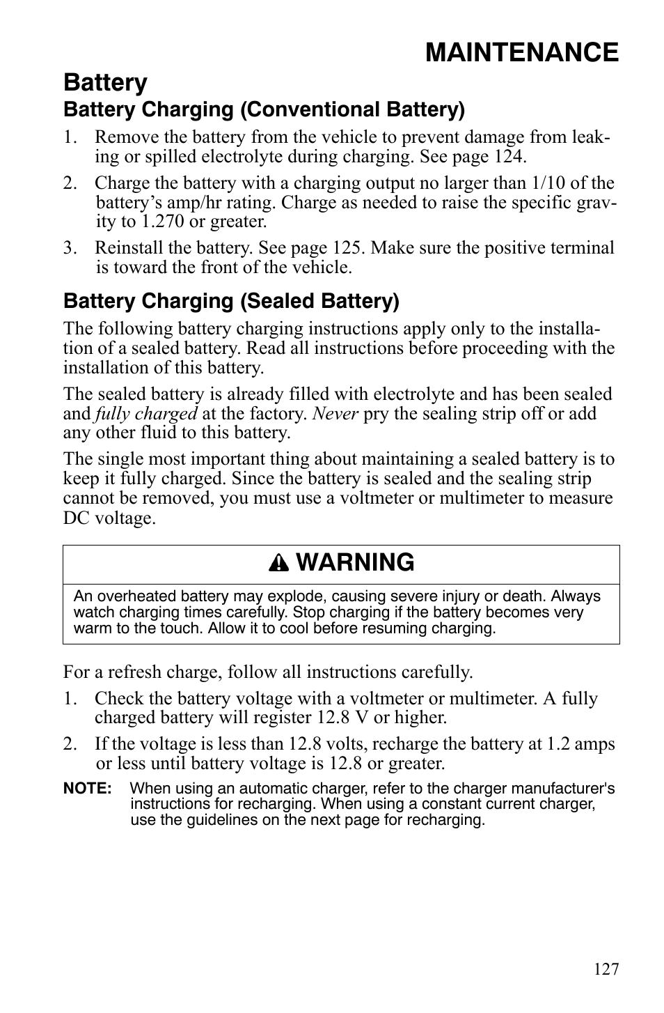 Maintenance, Battery, Warning | Polaris Sportsman 700 X2 User Manual | Page 130 / 163