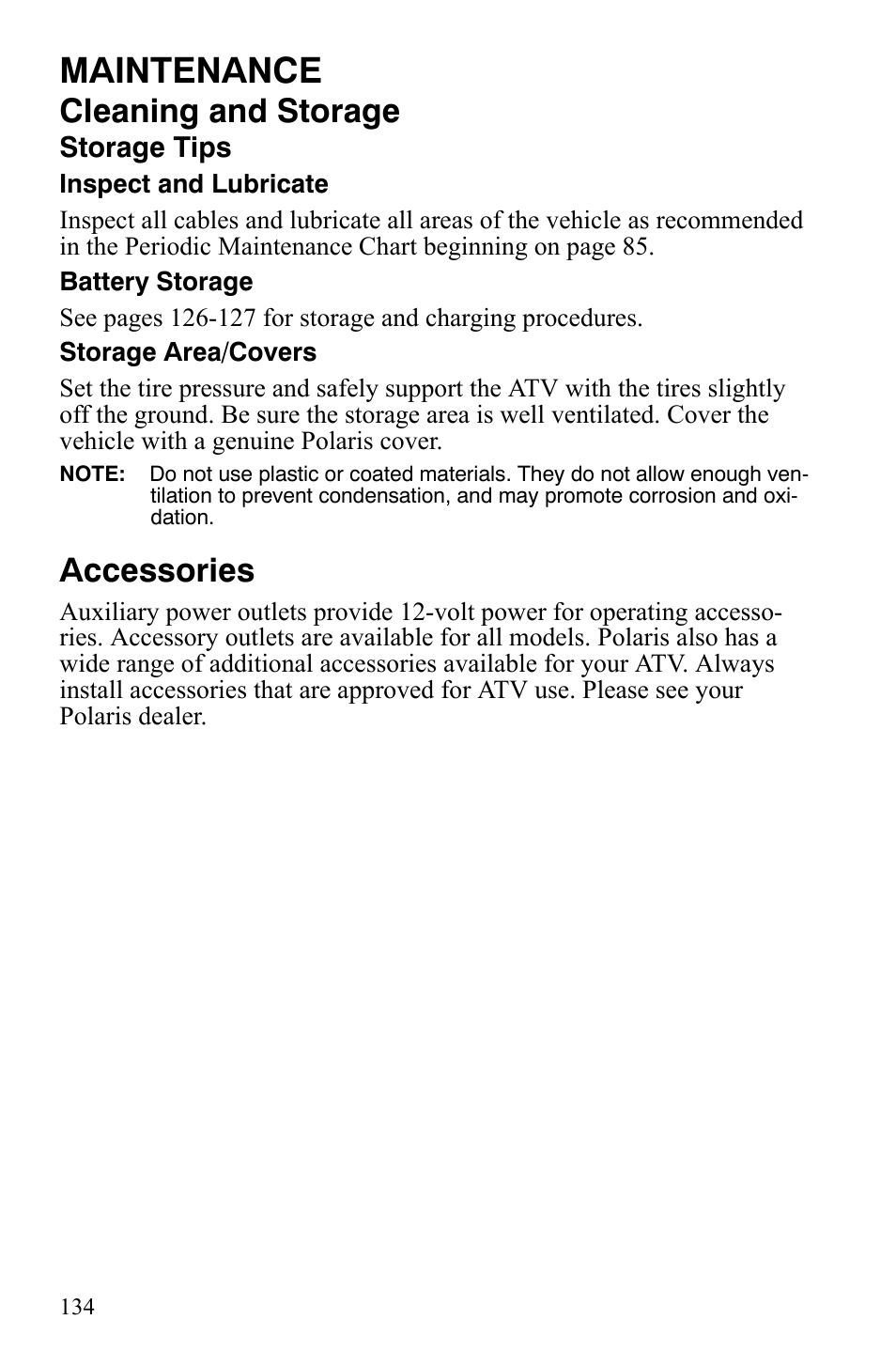 Maintenance, Cleaning and storage, Accessories | Polaris Sportsman 700 X2 User Manual | Page 137 / 163