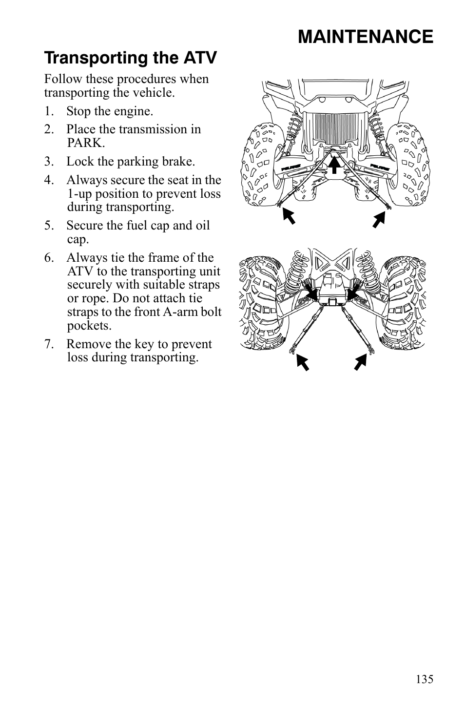 Maintenance, Transporting the atv | Polaris Sportsman 700 X2 User Manual | Page 138 / 163