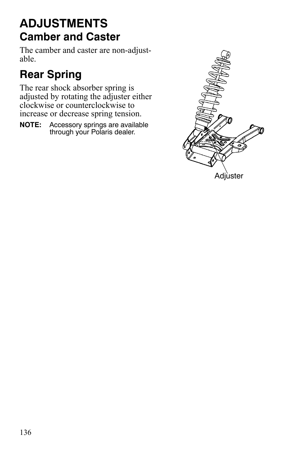 Adjustments, Camber and caster, Rear spring | Polaris Sportsman 700 X2 User Manual | Page 139 / 163