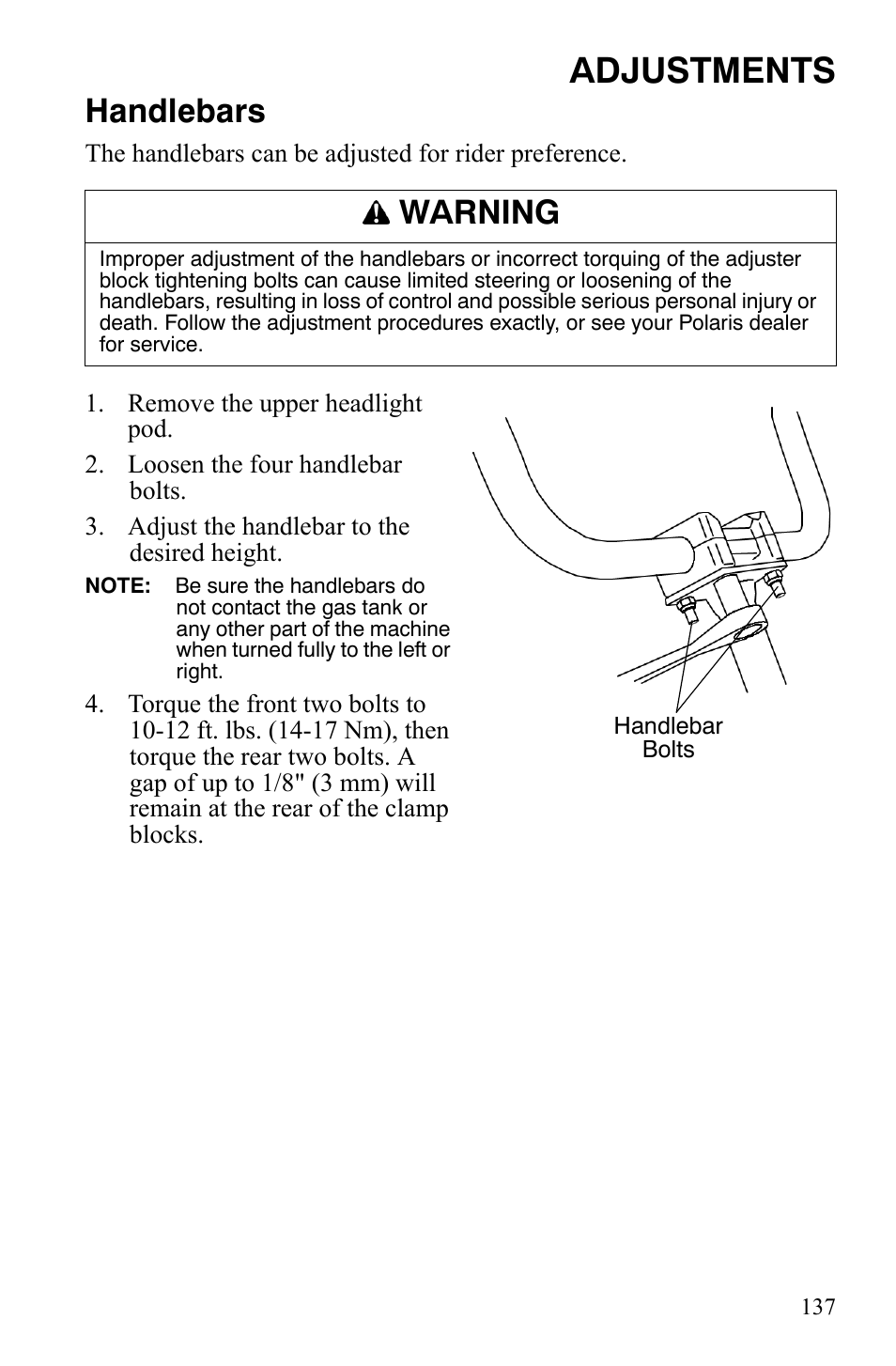 Adjustments, Handlebars, Warning | Polaris Sportsman 700 X2 User Manual | Page 140 / 163