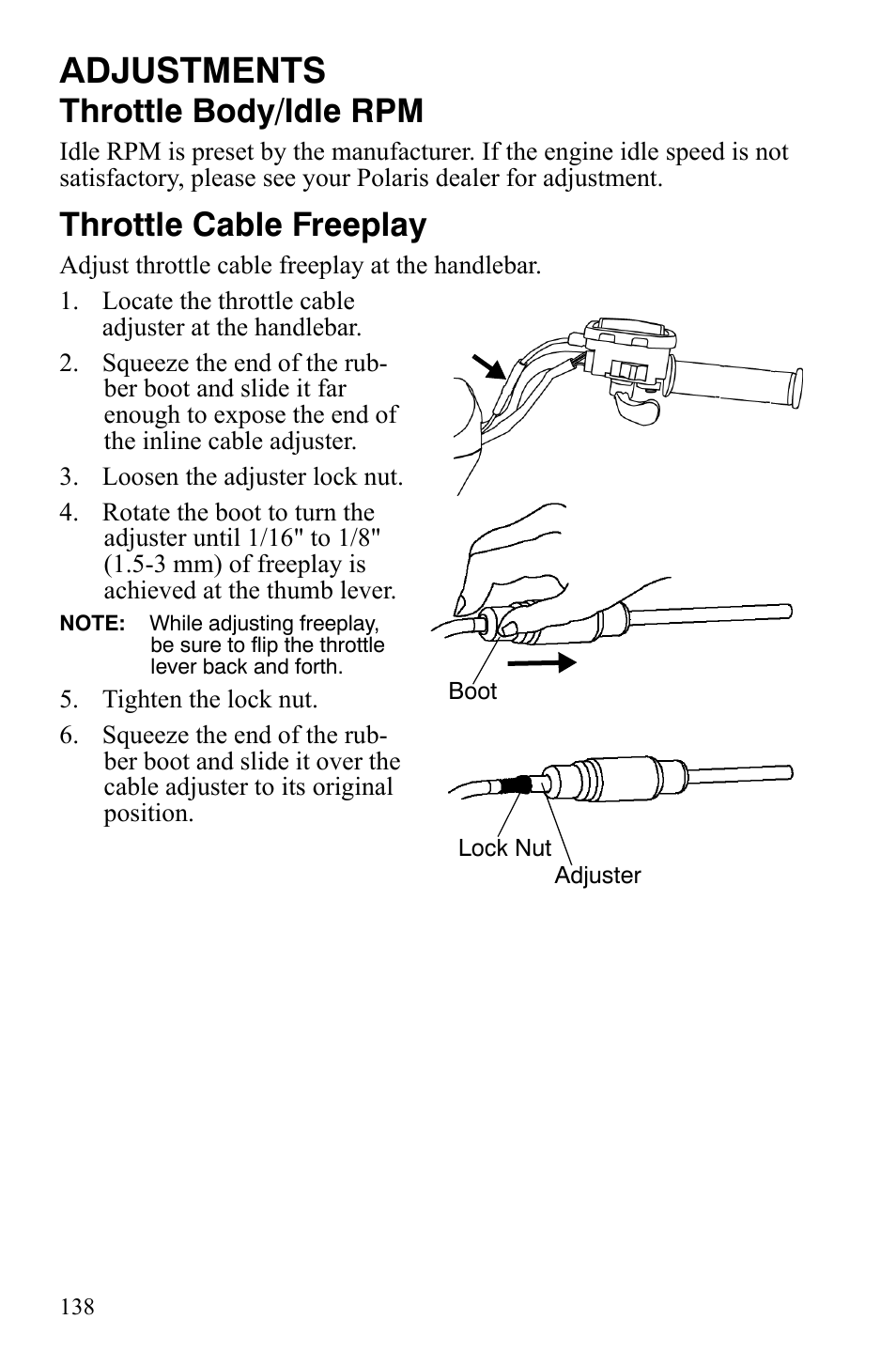 Adjustments, Throttle body/idle rpm, Throttle cable freeplay | Polaris Sportsman 700 X2 User Manual | Page 141 / 163