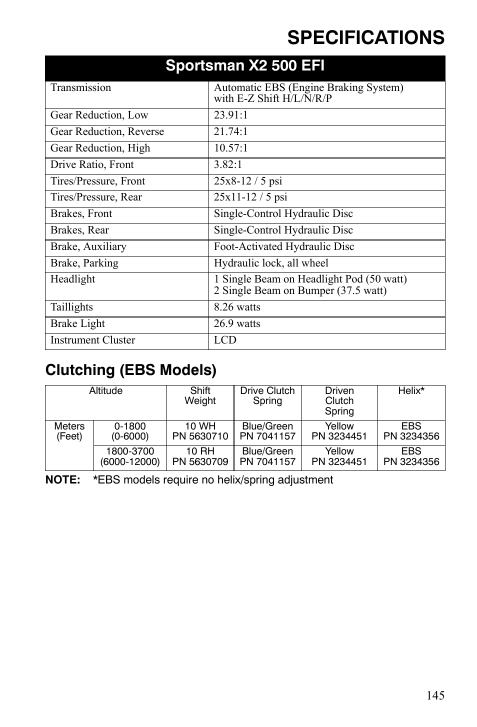 Specifications, Clutching (ebs models), Sportsman x2 500 efi | Polaris Sportsman 700 X2 User Manual | Page 148 / 163