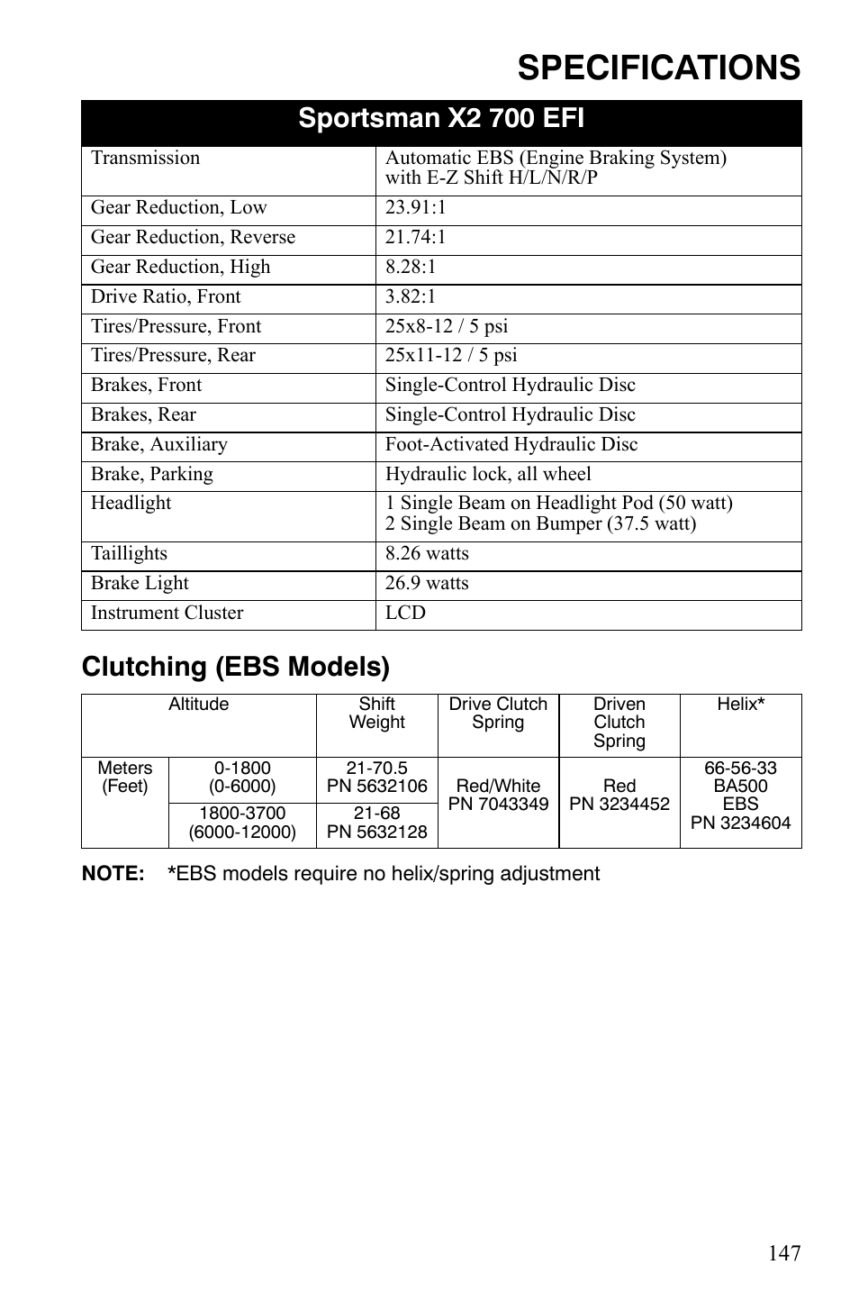 Specifications, Clutching (ebs models), Sportsman x2 700 efi | Polaris Sportsman 700 X2 User Manual | Page 150 / 163