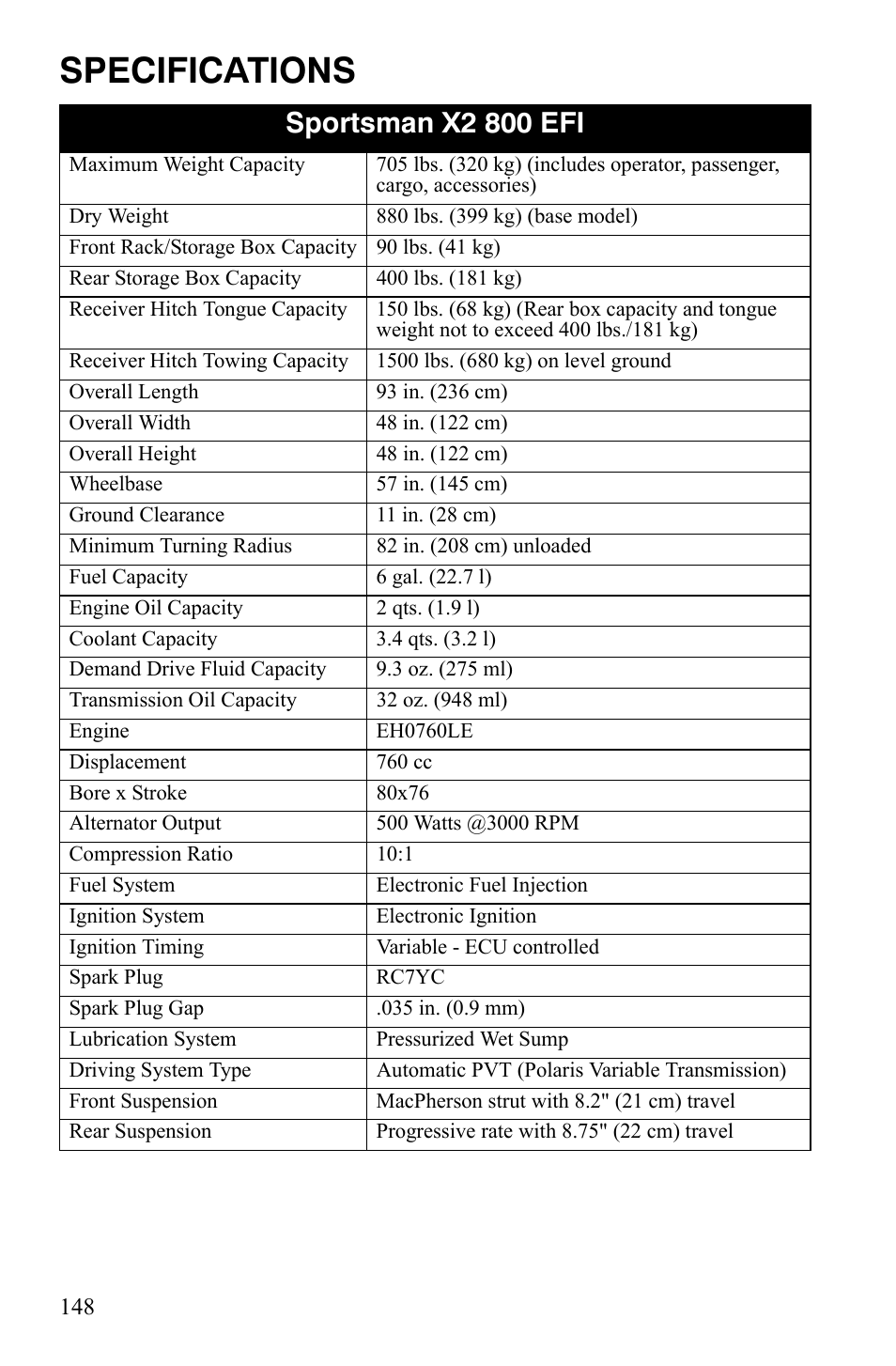 Specifications, Sportsman x2 800 efi | Polaris Sportsman 700 X2 User Manual | Page 151 / 163