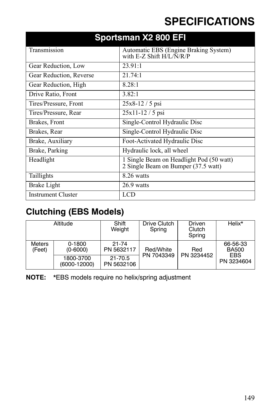 Specifications, Clutching (ebs models), Sportsman x2 800 efi | Polaris Sportsman 700 X2 User Manual | Page 152 / 163