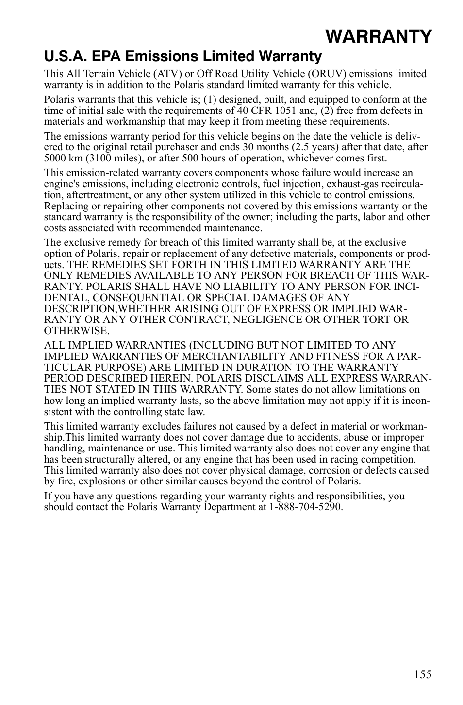 Warranty, U.s.a. epa emissions limited warranty | Polaris Sportsman 700 X2 User Manual | Page 158 / 163