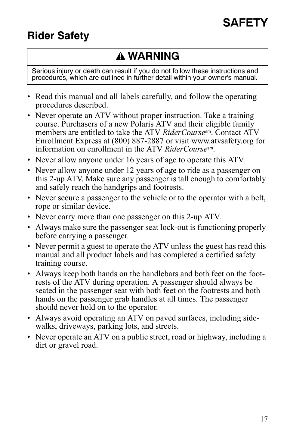 Safety, Rider safety, Warning | Polaris Sportsman 700 X2 User Manual | Page 20 / 163