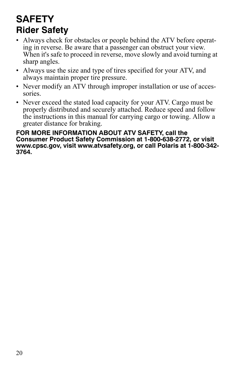 Safety, Rider safety | Polaris Sportsman 700 X2 User Manual | Page 23 / 163