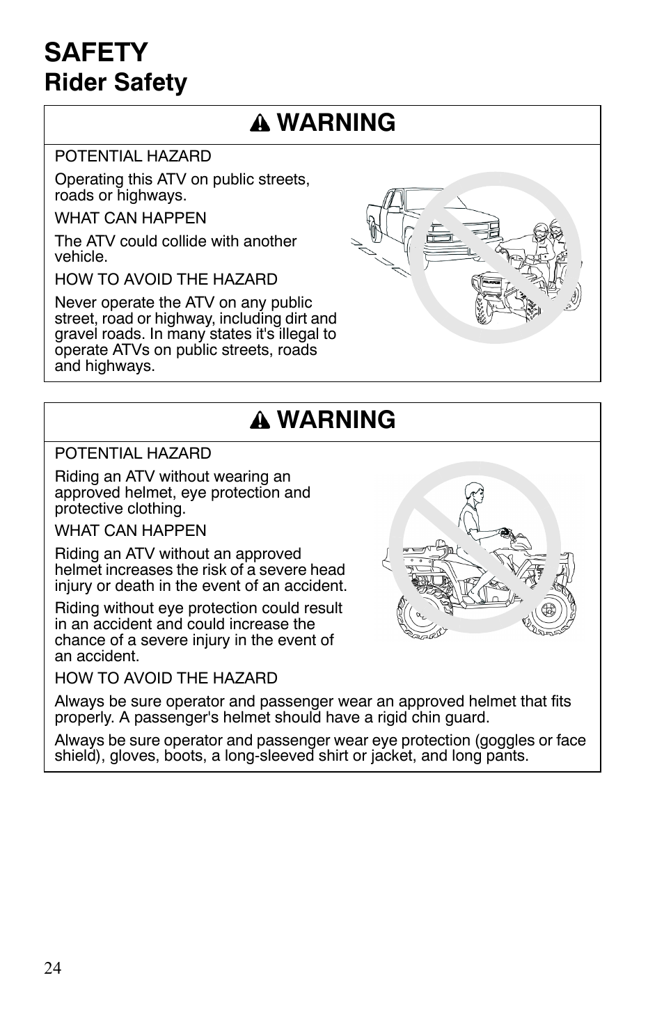 Safety, Rider safety warning, Warning | Polaris Sportsman 700 X2 User Manual | Page 27 / 163