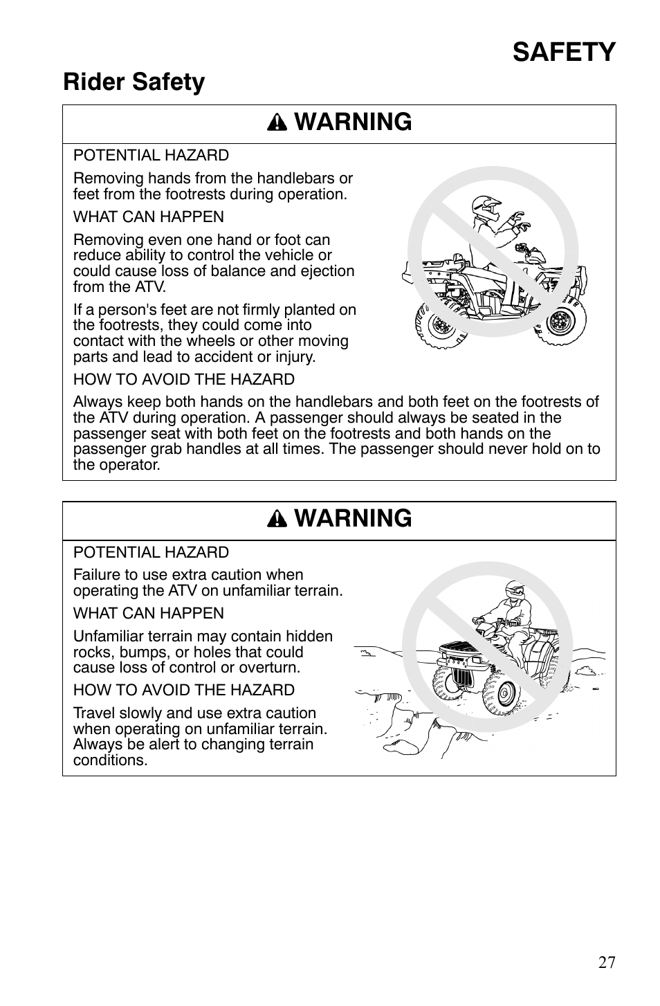 Safety, Rider safety warning, Warning | Polaris Sportsman 700 X2 User Manual | Page 30 / 163