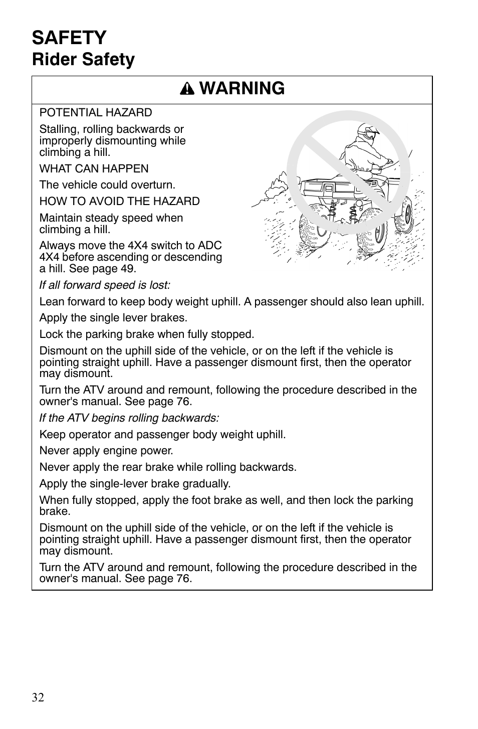 Safety, Rider safety warning | Polaris Sportsman 700 X2 User Manual | Page 35 / 163