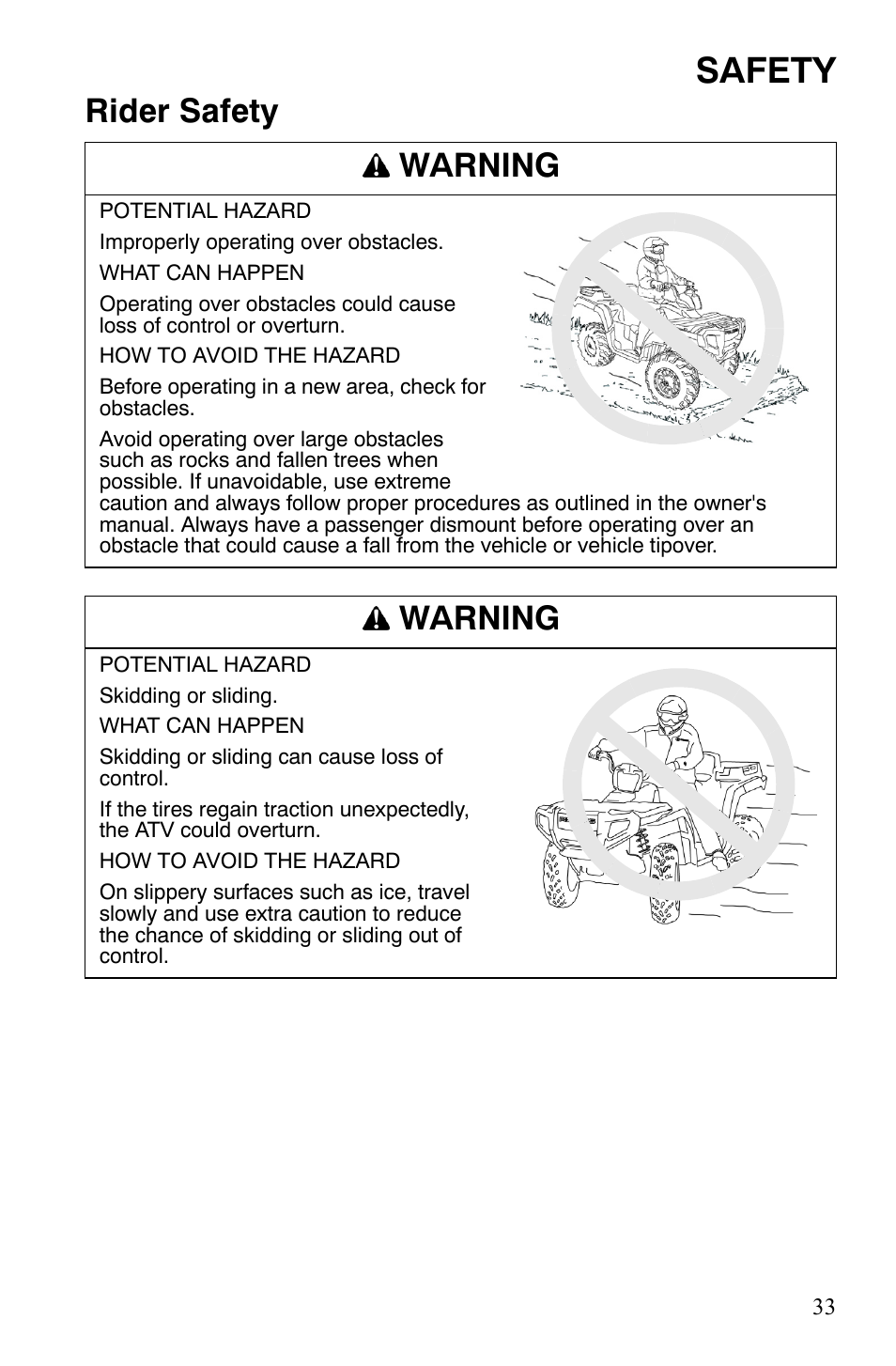 Safety, Rider safety warning, Warning | Polaris Sportsman 700 X2 User Manual | Page 36 / 163