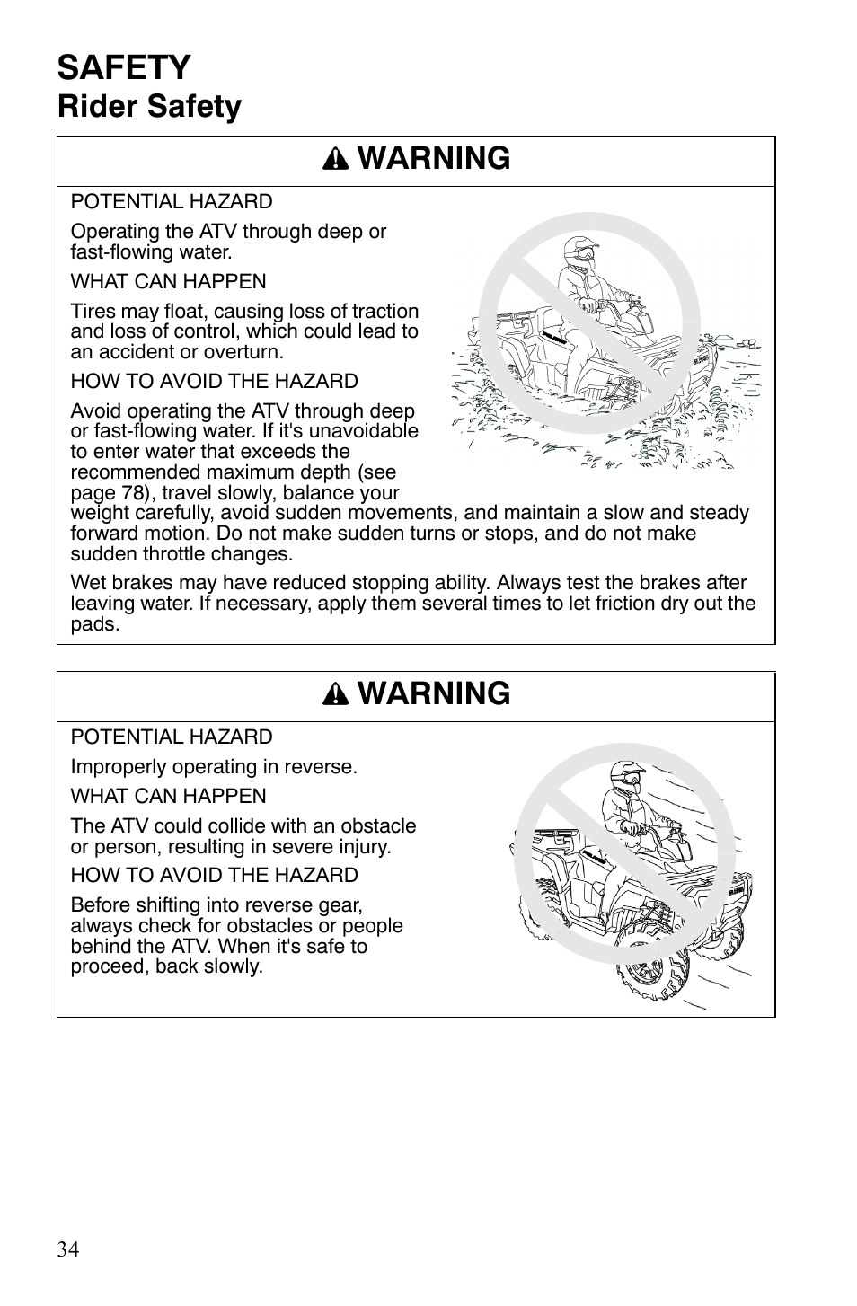 Safety, Rider safety warning, Warning | Polaris Sportsman 700 X2 User Manual | Page 37 / 163