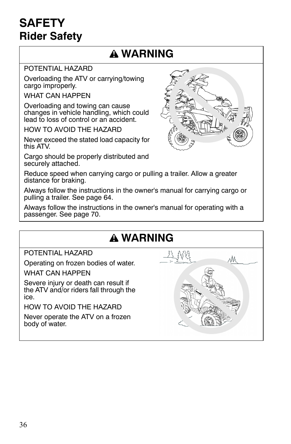 Safety, Rider safety warning, Warning | Polaris Sportsman 700 X2 User Manual | Page 39 / 163