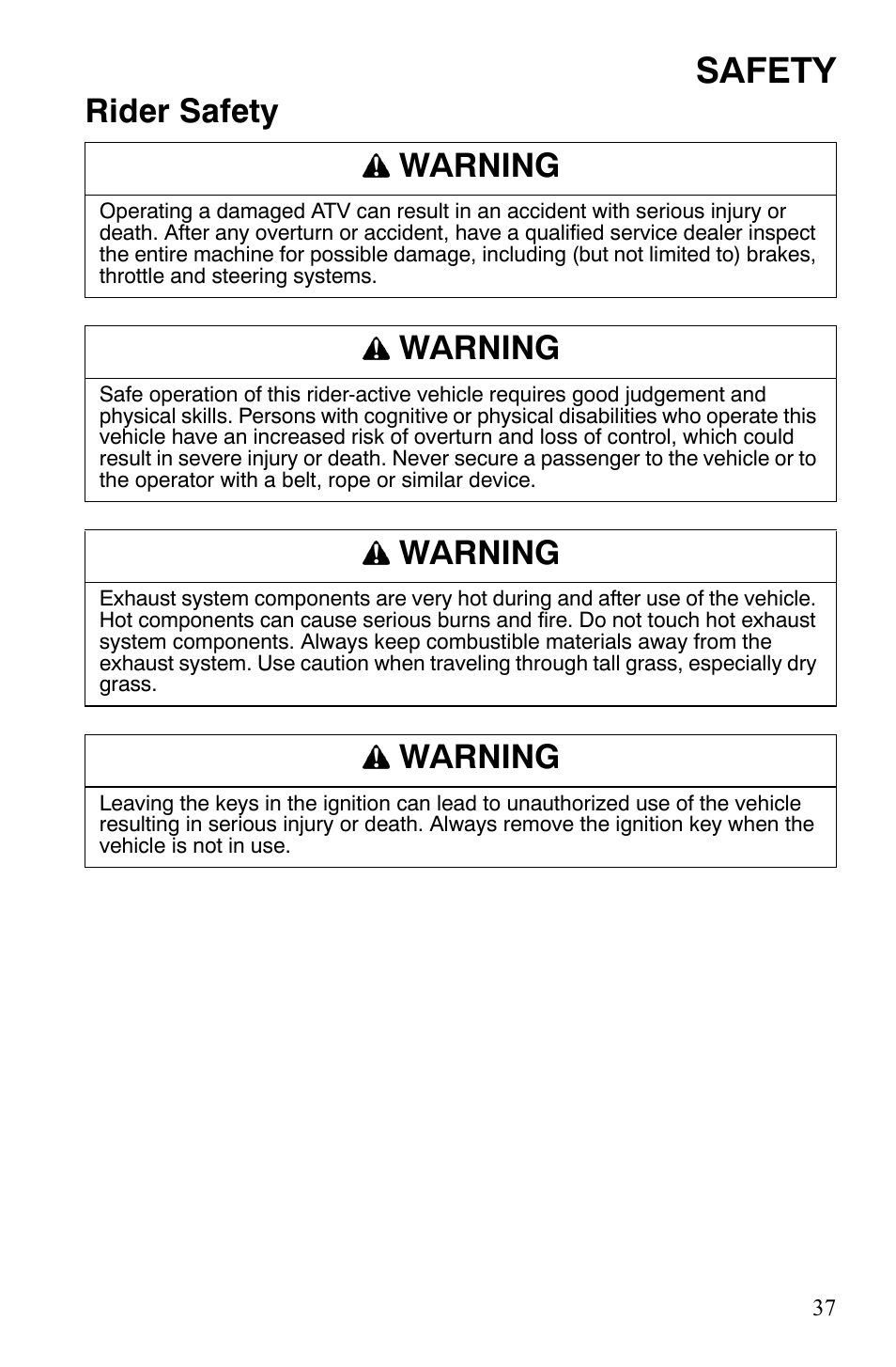 Safety, Rider safety warning, Warning | Polaris Sportsman 700 X2 User Manual | Page 40 / 163
