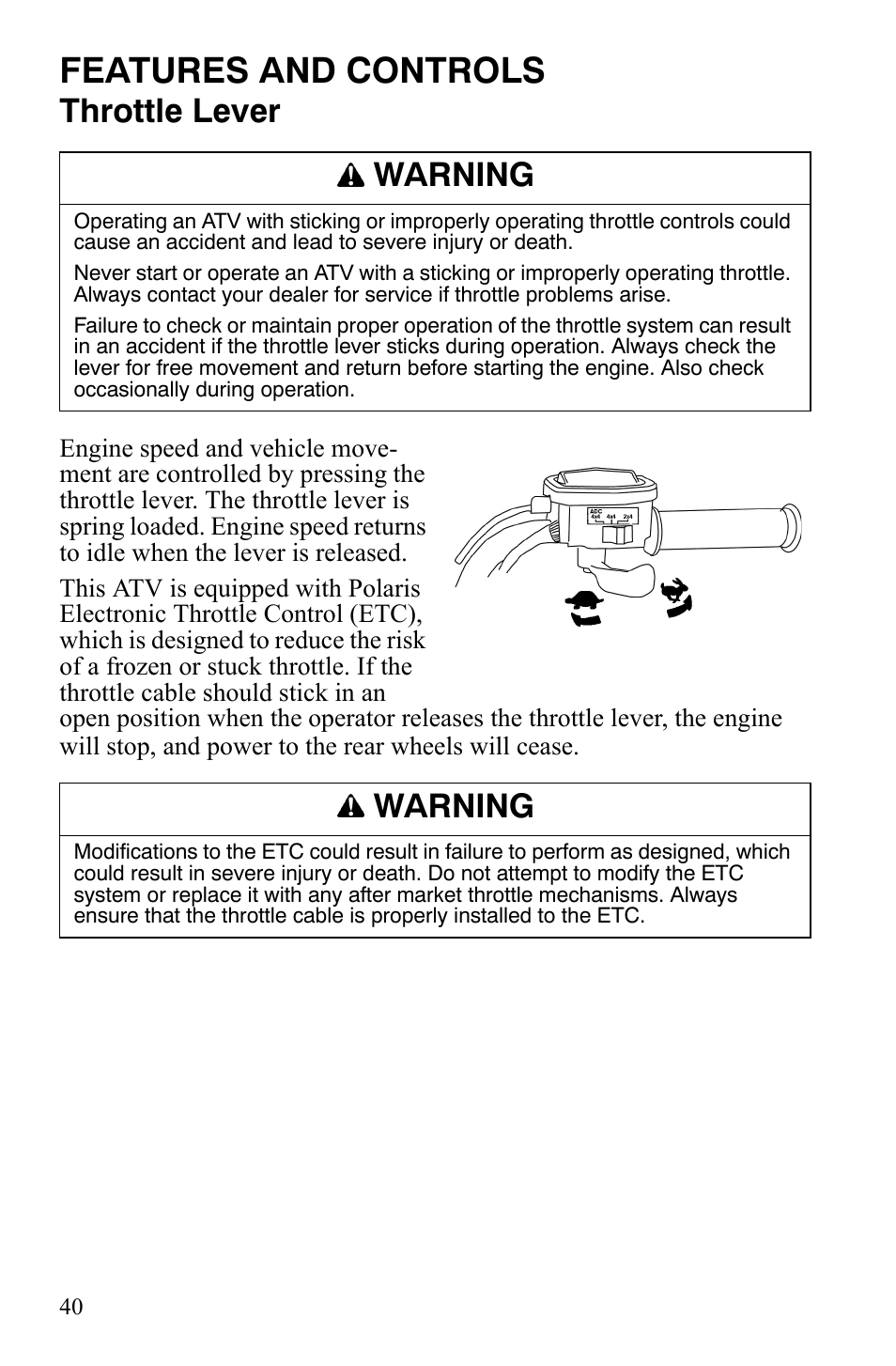 Features and controls, Throttle lever, Warning | Polaris Sportsman 700 X2 User Manual | Page 43 / 163