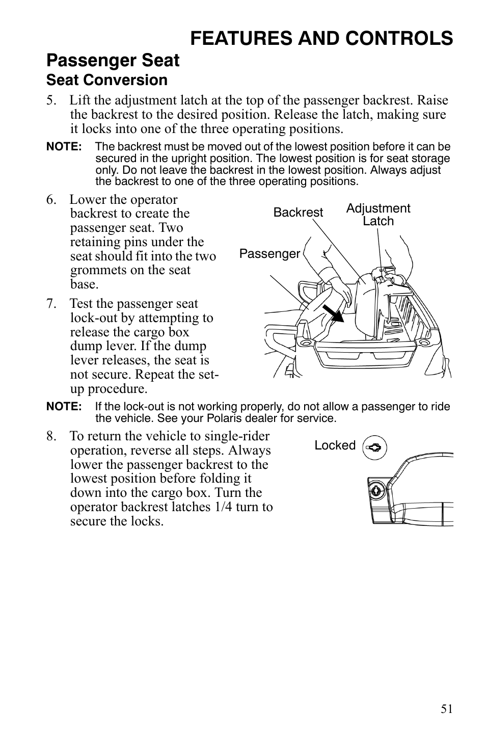 Features and controls, Passenger seat, Seat conversion | Polaris Sportsman 700 X2 User Manual | Page 54 / 163