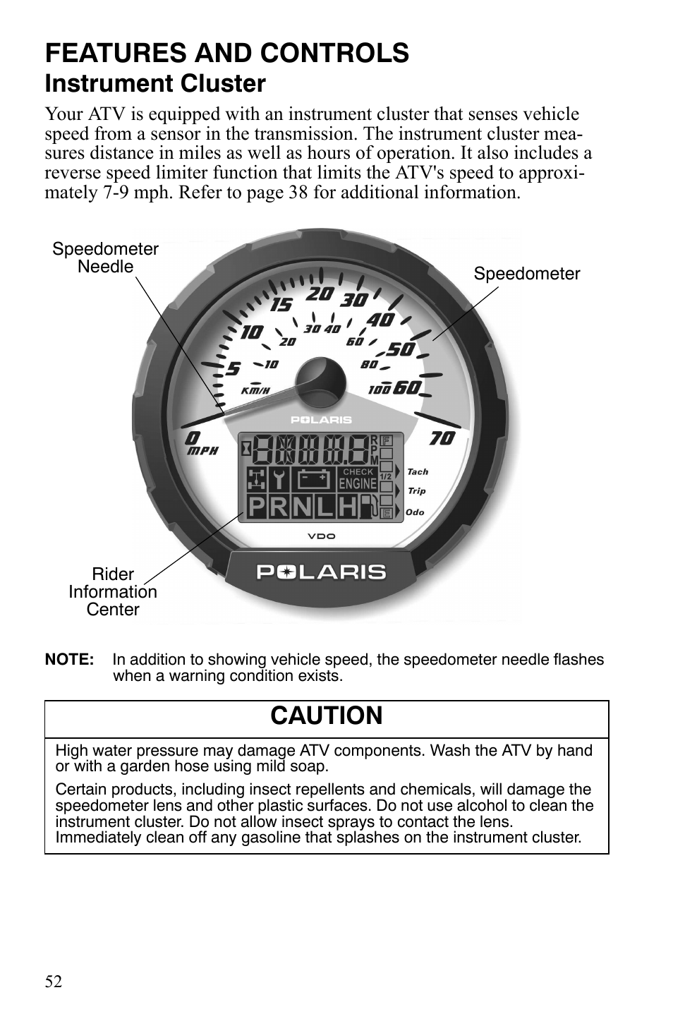 Features and controls, Instrument cluster, Caution | Polaris Sportsman 700 X2 User Manual | Page 55 / 163