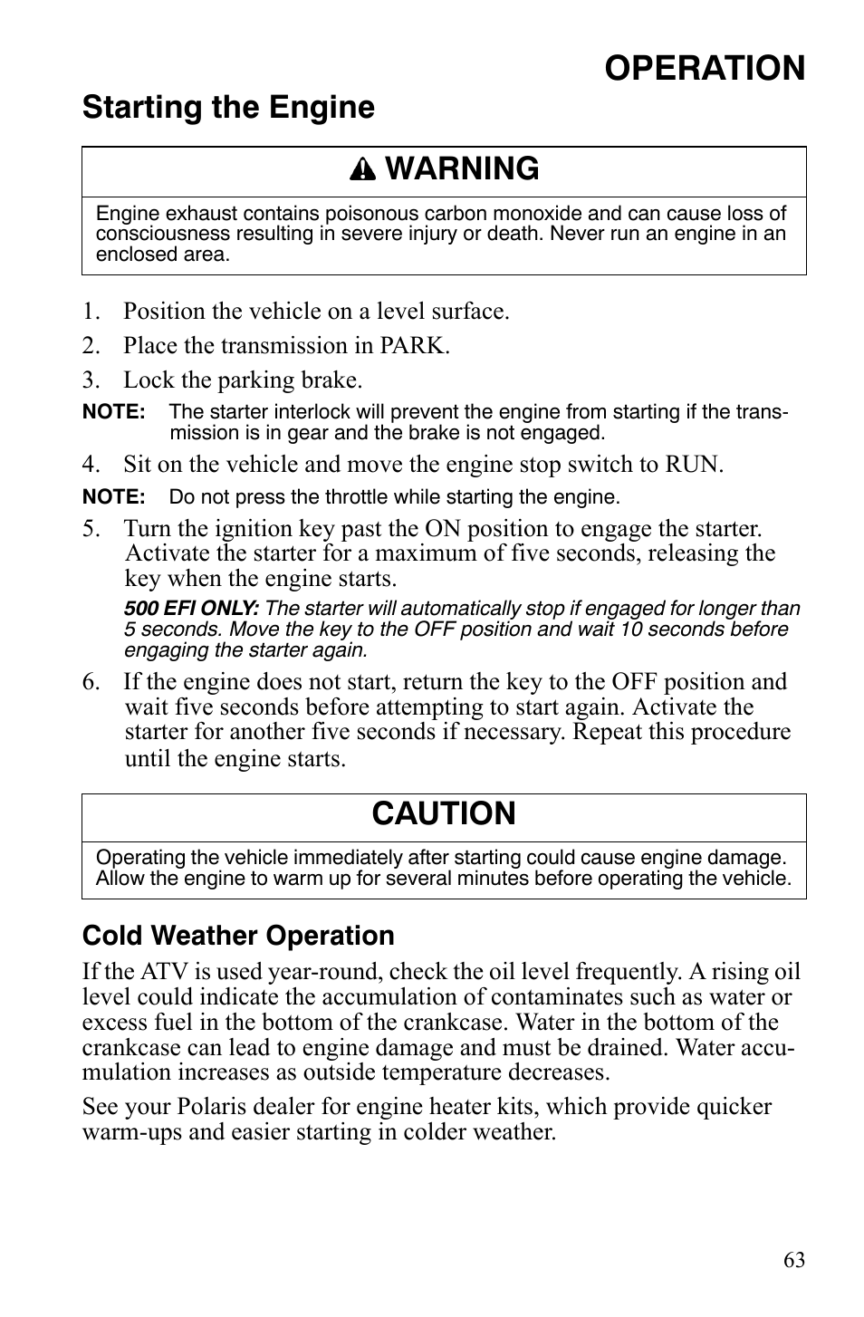 Operation, Starting the engine, Warning | Caution, Cold weather operation | Polaris Sportsman 700 X2 User Manual | Page 66 / 163