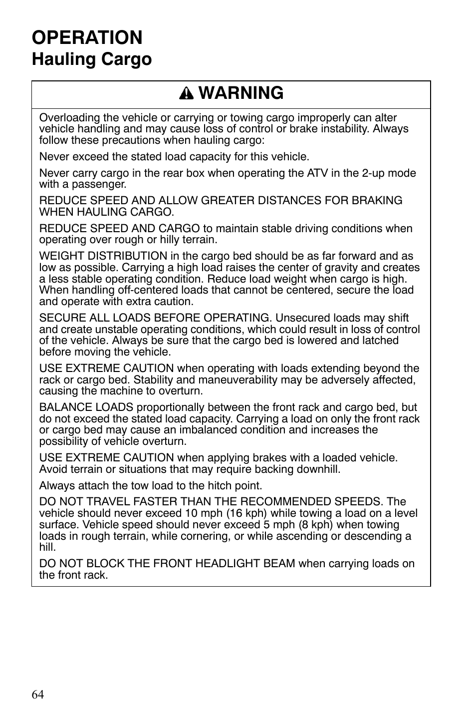 Operation, Hauling cargo warning | Polaris Sportsman 700 X2 User Manual | Page 67 / 163