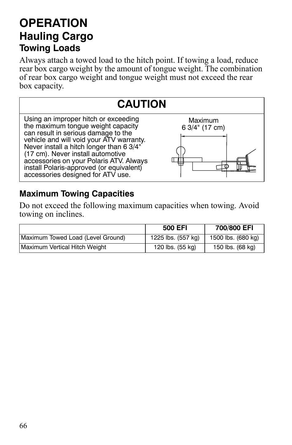 Operation, Hauling cargo, Caution | Towing loads | Polaris Sportsman 700 X2 User Manual | Page 69 / 163