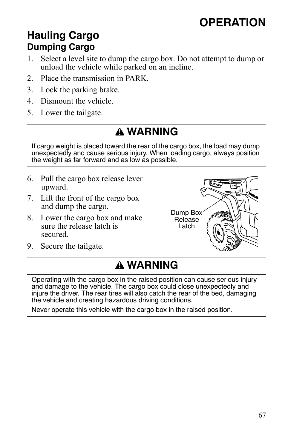 Operation, Hauling cargo, Warning | Dumping cargo | Polaris Sportsman 700 X2 User Manual | Page 70 / 163