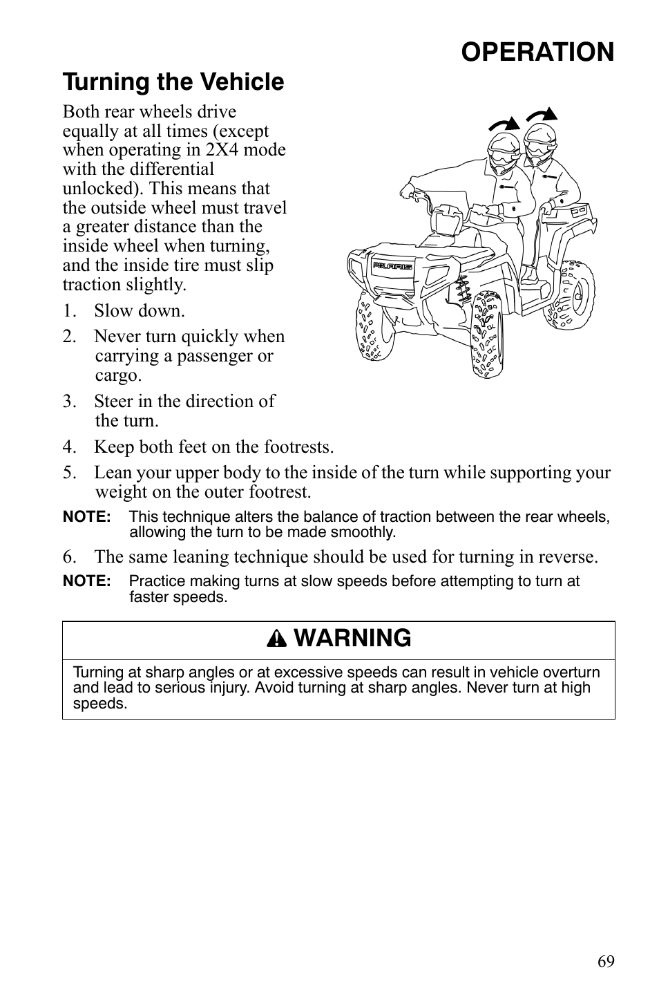 Operation, Turning the vehicle, Warning | Polaris Sportsman 700 X2 User Manual | Page 72 / 163