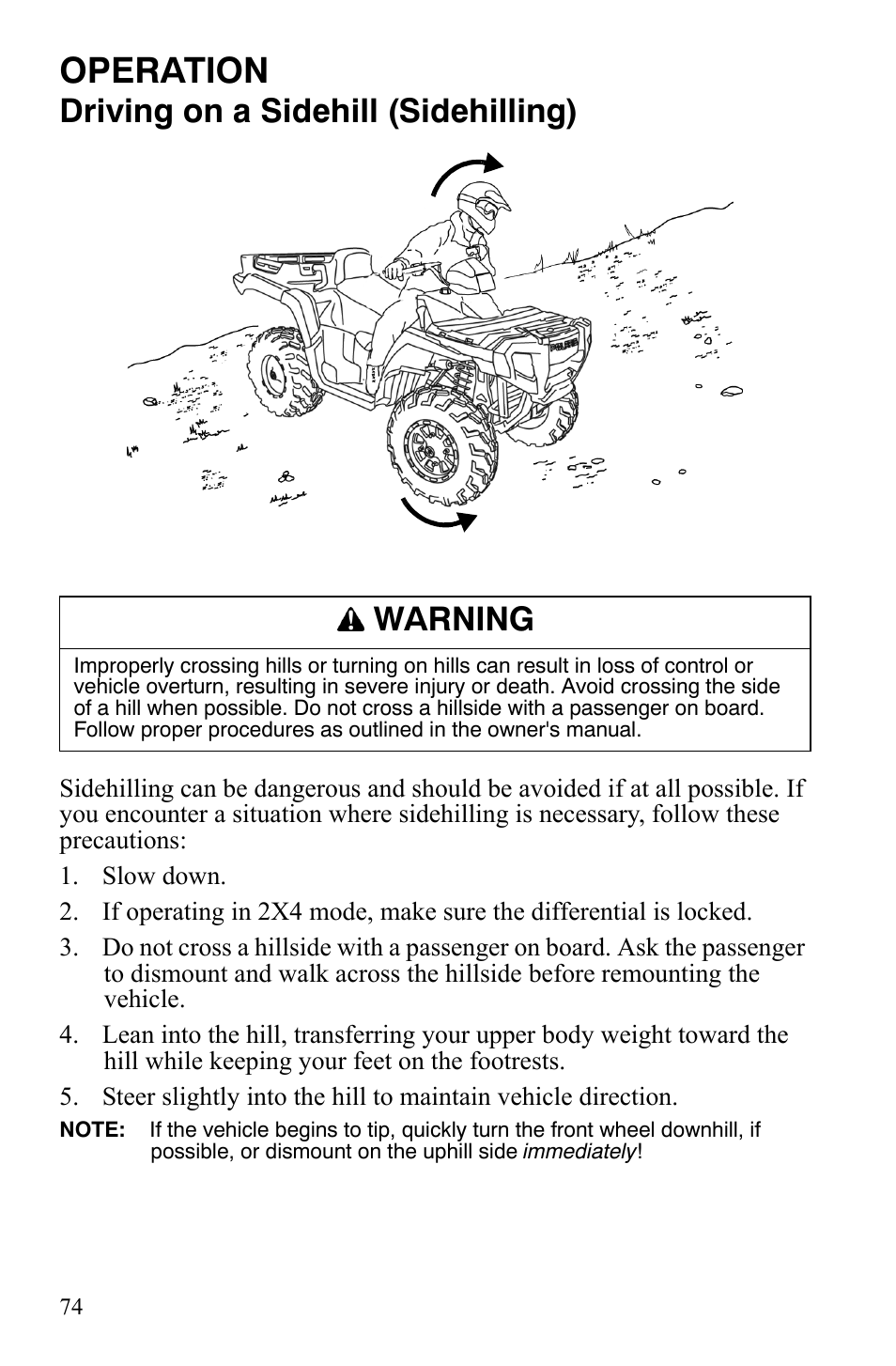 Operation, Driving on a sidehill (sidehilling), Warning | Polaris Sportsman 700 X2 User Manual | Page 77 / 163