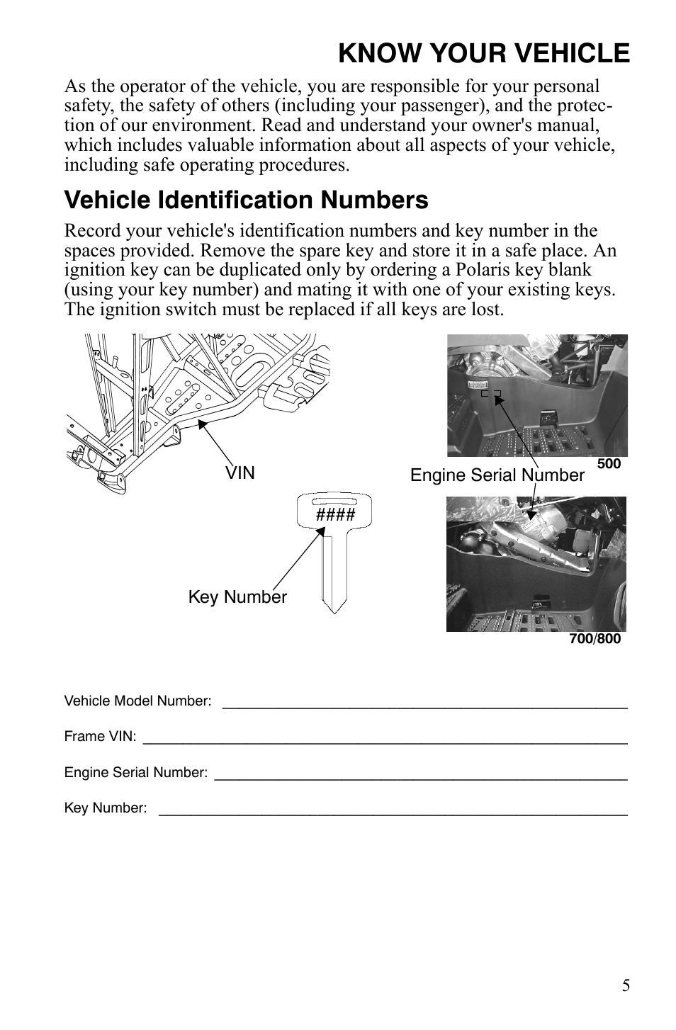 Know your vehicle, Vehicle identification numbers | Polaris Sportsman 700 X2 User Manual | Page 8 / 163