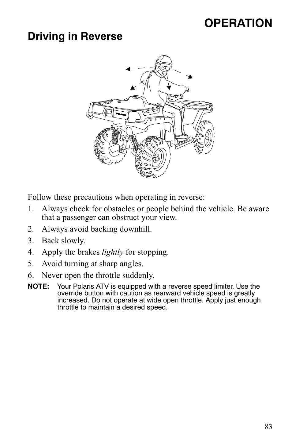 Operation, Driving in reverse | Polaris Sportsman 700 X2 User Manual | Page 86 / 163