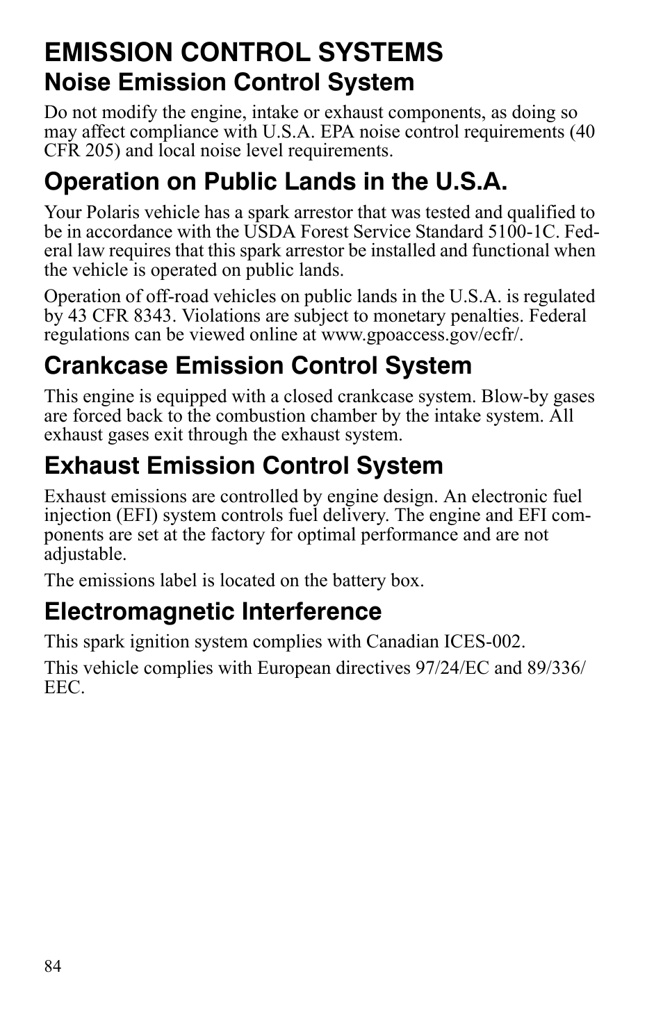Emission control systems, Noise emission control system, Operation on public lands in the u.s.a | Crankcase emission control system, Exhaust emission control system, Electromagnetic interference | Polaris Sportsman 700 X2 User Manual | Page 87 / 163