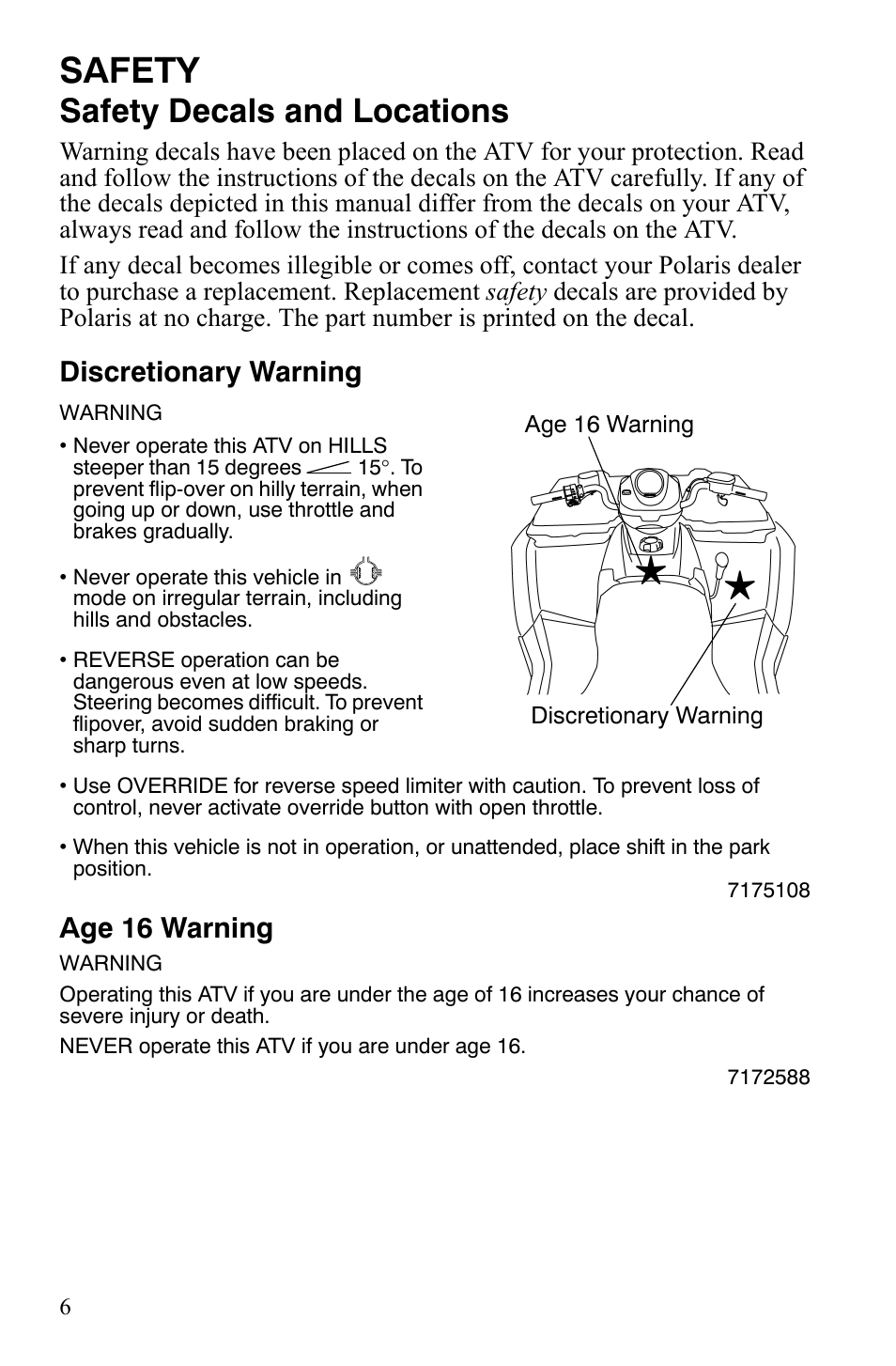 Safety, Safety decals and locations, Discretionary warning | Age 16 warning | Polaris Sportsman 700 X2 User Manual | Page 9 / 163
