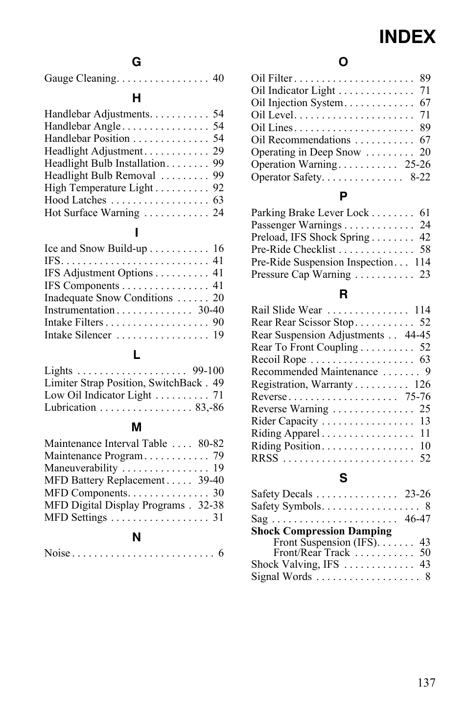 Index | Polaris 800 Dragon SP User Manual | Page 140 / 141