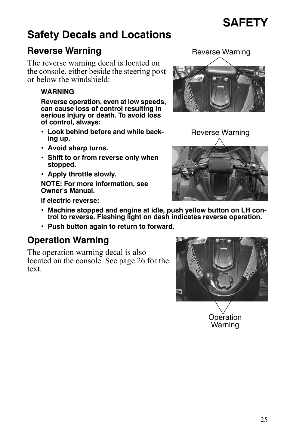 Safety, Safety decals and locations, Reverse warning | Operation warning | Polaris 800 Dragon SP User Manual | Page 28 / 141