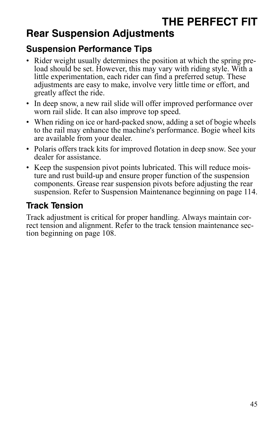 The perfect fit, Rear suspension adjustments | Polaris 800 Dragon SP User Manual | Page 48 / 141