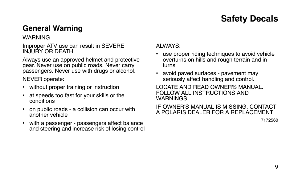 Safety decals, General warning | Polaris Outlaw 450 S User Manual | Page 12 / 218