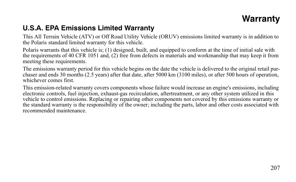 Warranty | Polaris Outlaw 450 S User Manual | Page 210 / 218