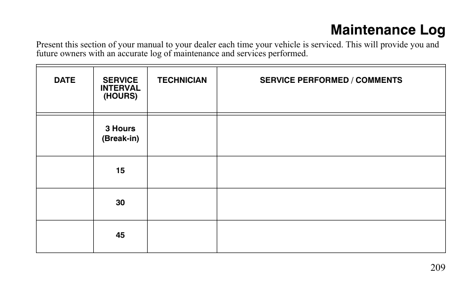 Maintenance log | Polaris Outlaw 450 S User Manual | Page 212 / 218