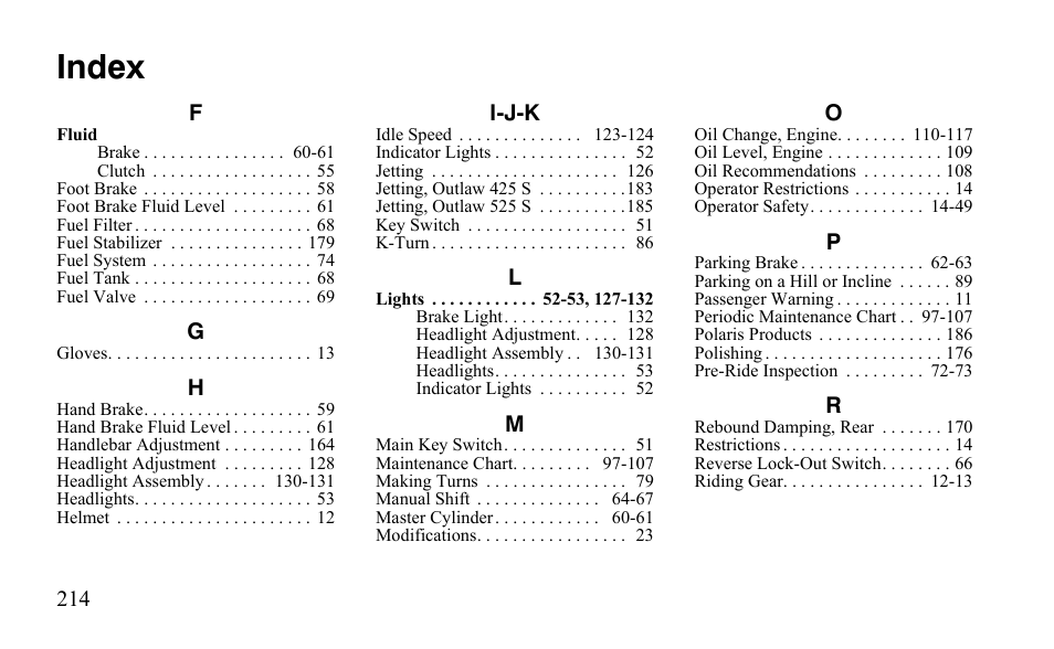 Index | Polaris Outlaw 450 S User Manual | Page 217 / 218